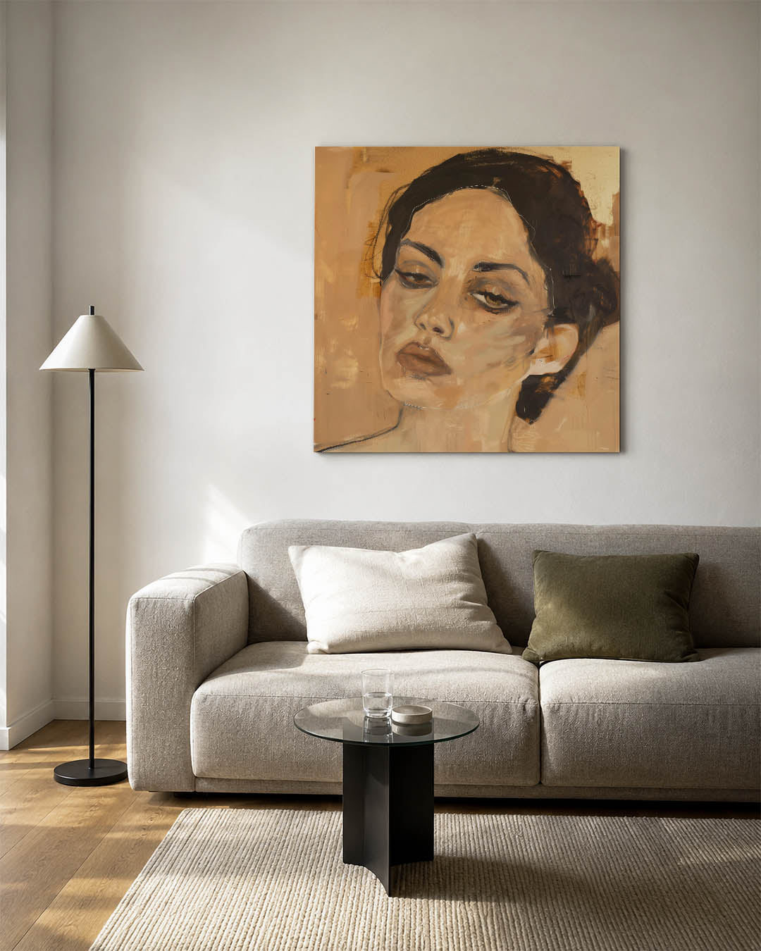 Portretstudie kunstwerk – vierkante wanddecoratie – dit werk toont een portret met zachte lijnen en een warme kleurenpalet.