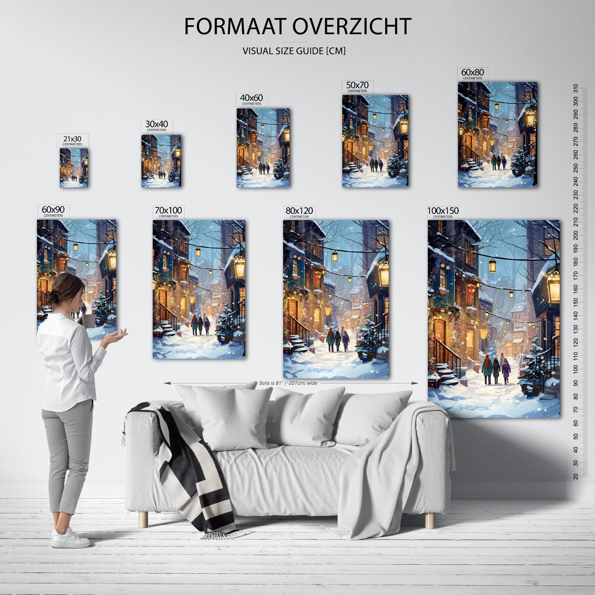 Winterse straat met lantaarns – staande muurposter voor kerst
