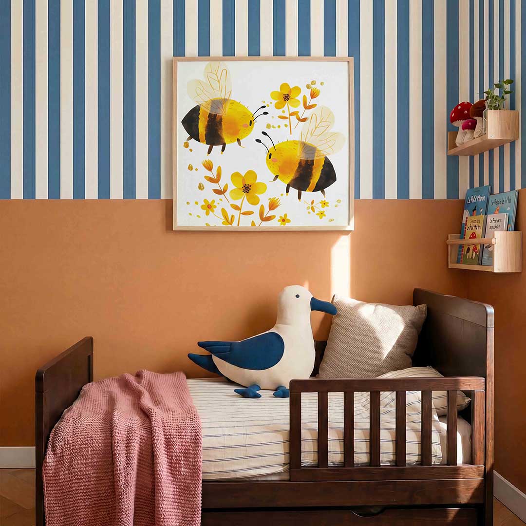 Bijen en bloemen – kids poster in vierkant formaat