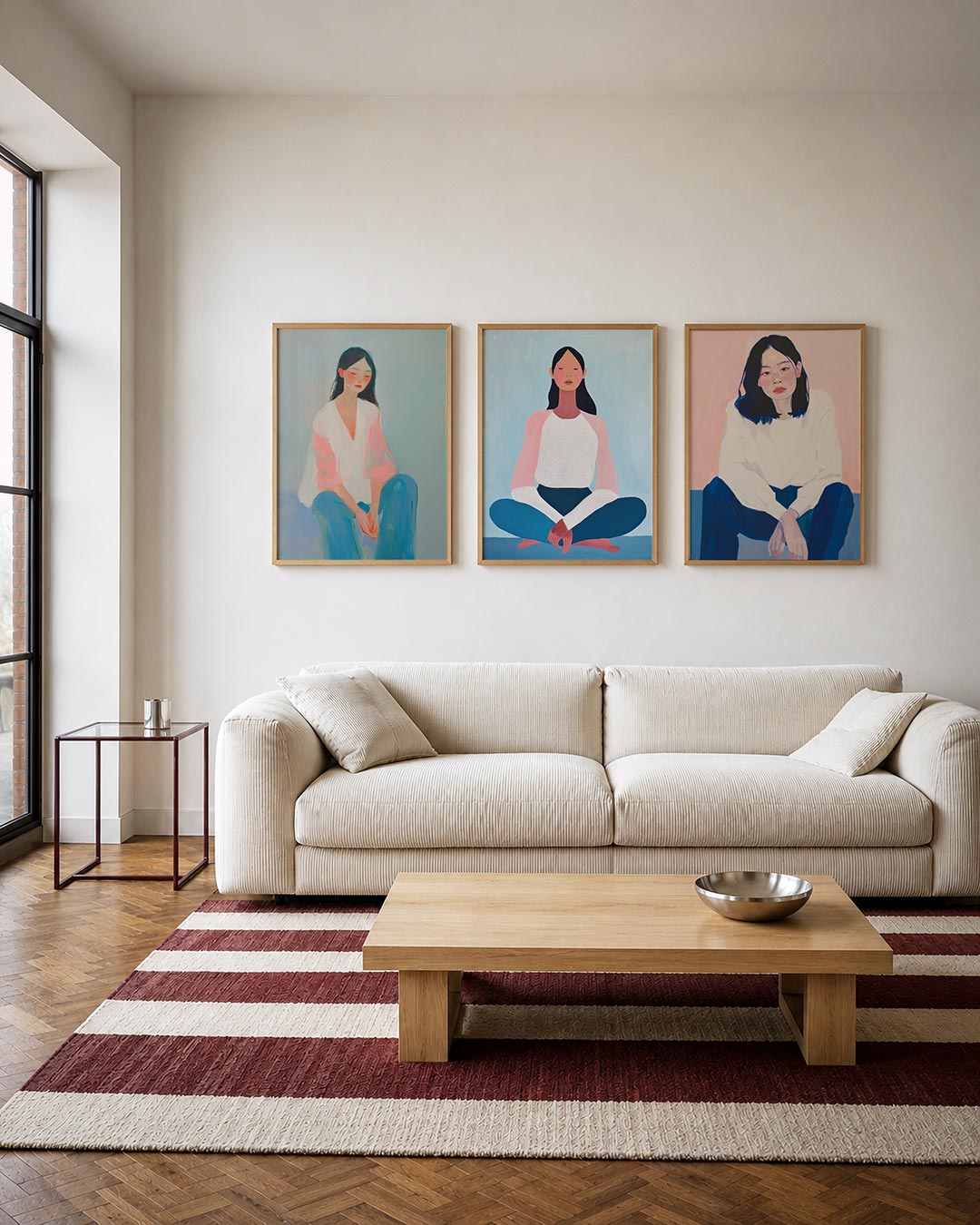 Zachte kleurenharmonie driedelige posterset – een serene figuur in zachte pasteltinten