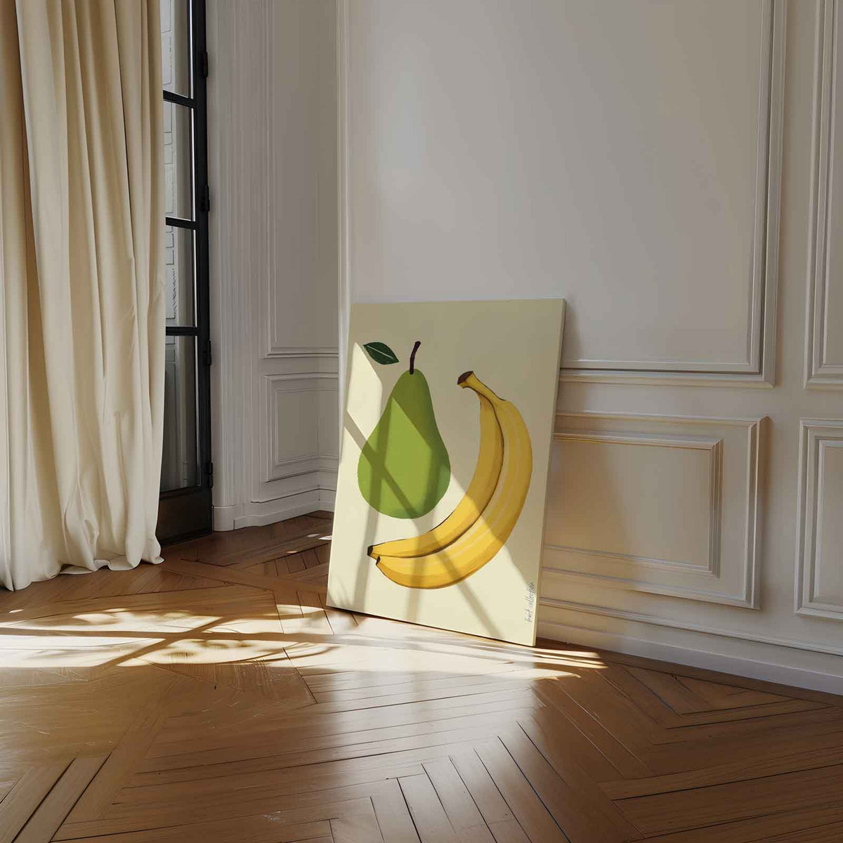 Speelse Perens en Bananen Illustratie – dibond wanddecoratie in staand formaat