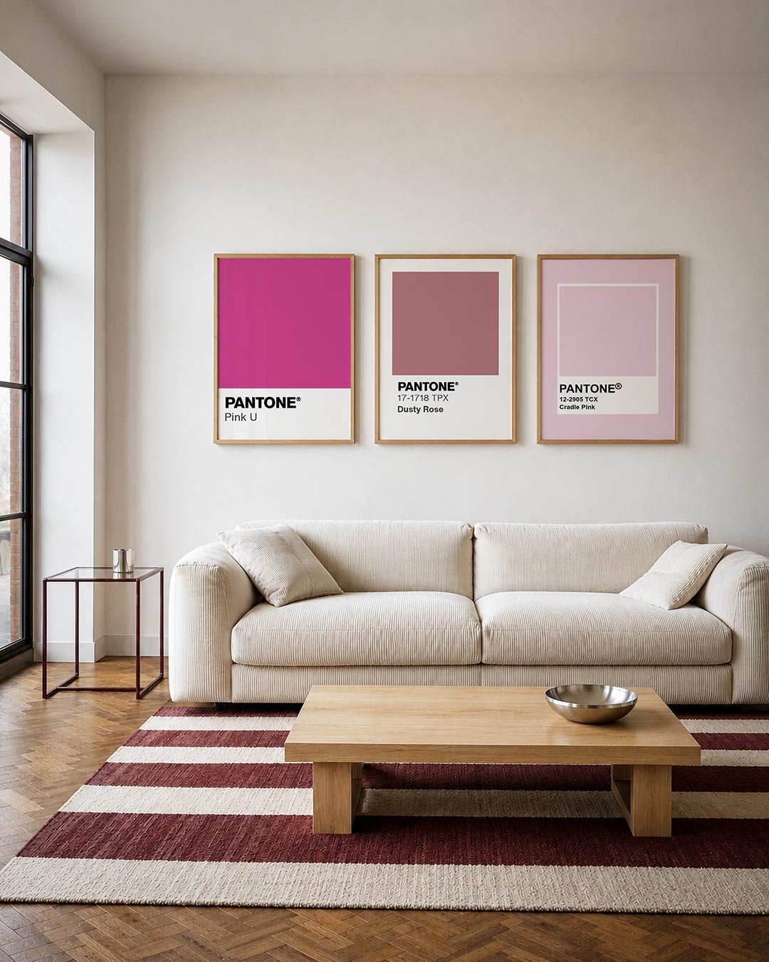 Roze kleurvlak driedelige posterset – een levendig roze vlak boven een wit vlak met tekst