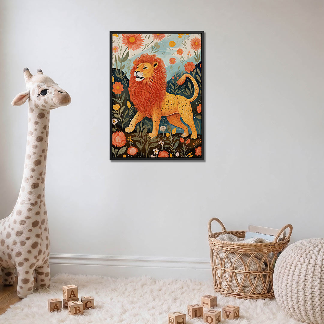 Leeuw en bloemen – moderne staande wandkunst