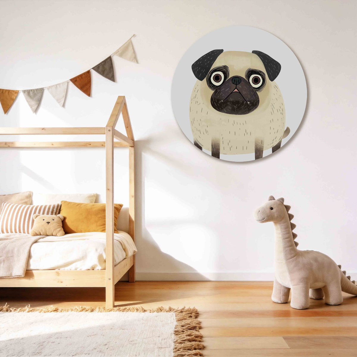 Hond met grote ogen Muurcirkel – tweede productweergave – Een hond met grote ogen en een beige vacht met donkere accenten.