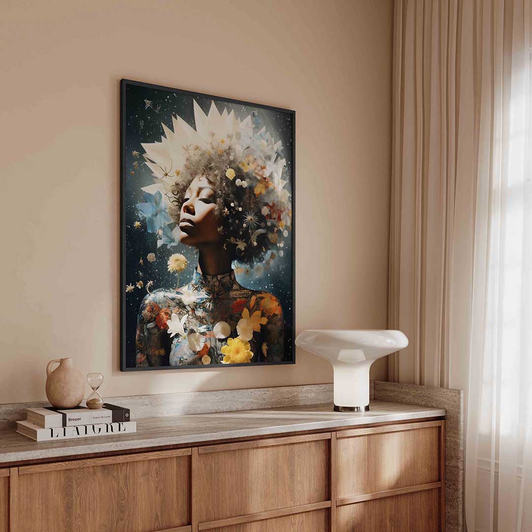 Vrouw met bloemen en sterren – surreal poster in staand formaat