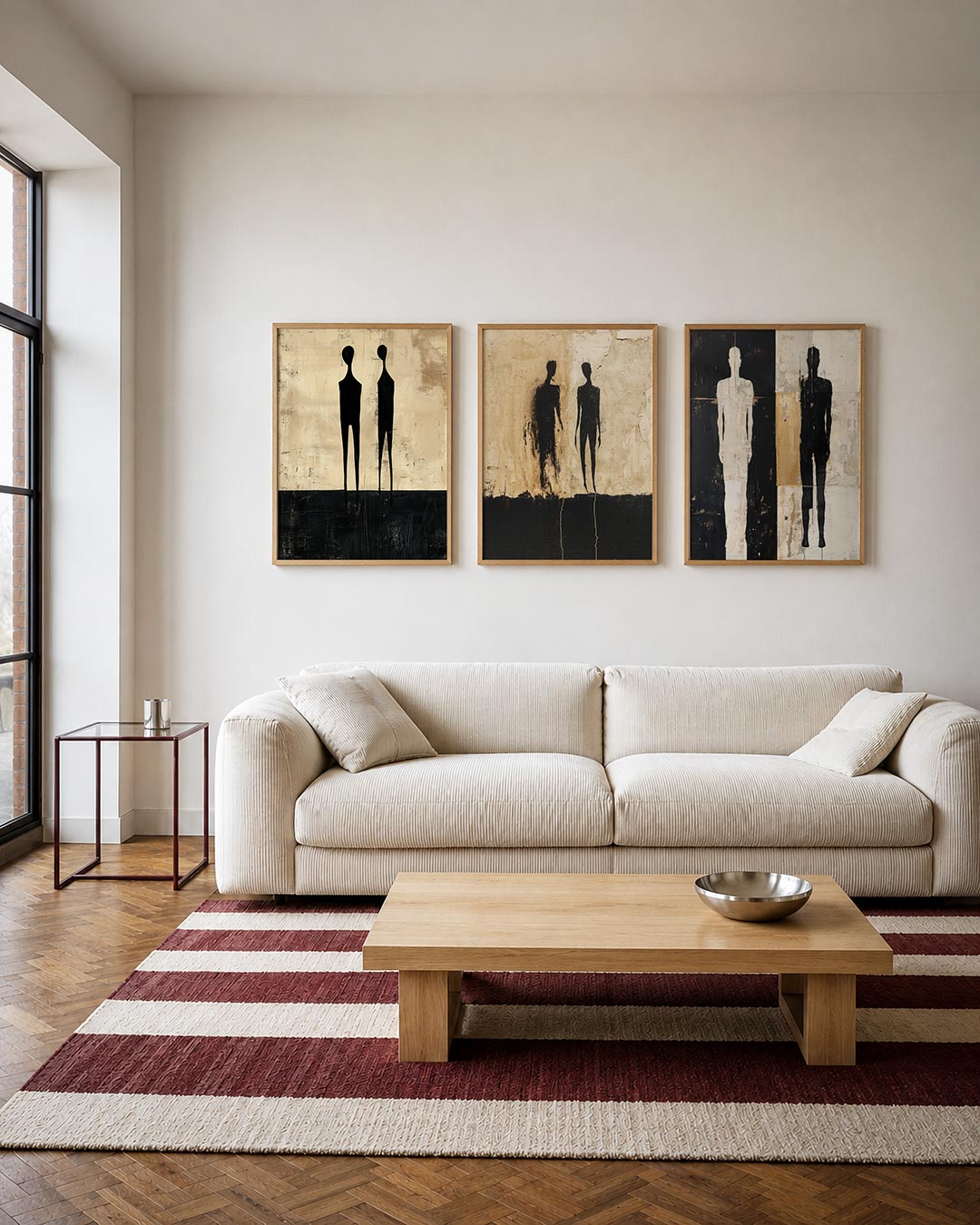Zwarte silhouetten driedelige posterset – twee zwarte figuren staan op een beige achtergrond met een