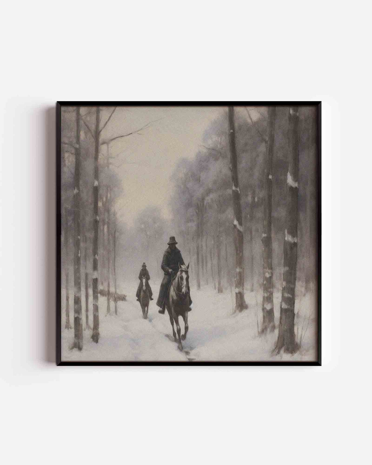 Ruiters in besneeuwd bos – vintage vierkante poster als wanddecoratie
