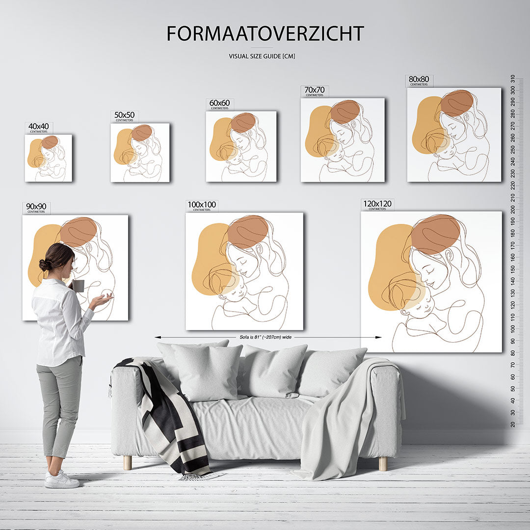 Lijntekening moeder en kind kunstwerk – sfeerbeeld – dit werk toont een vloeiende lijntekening van een moeder en kind