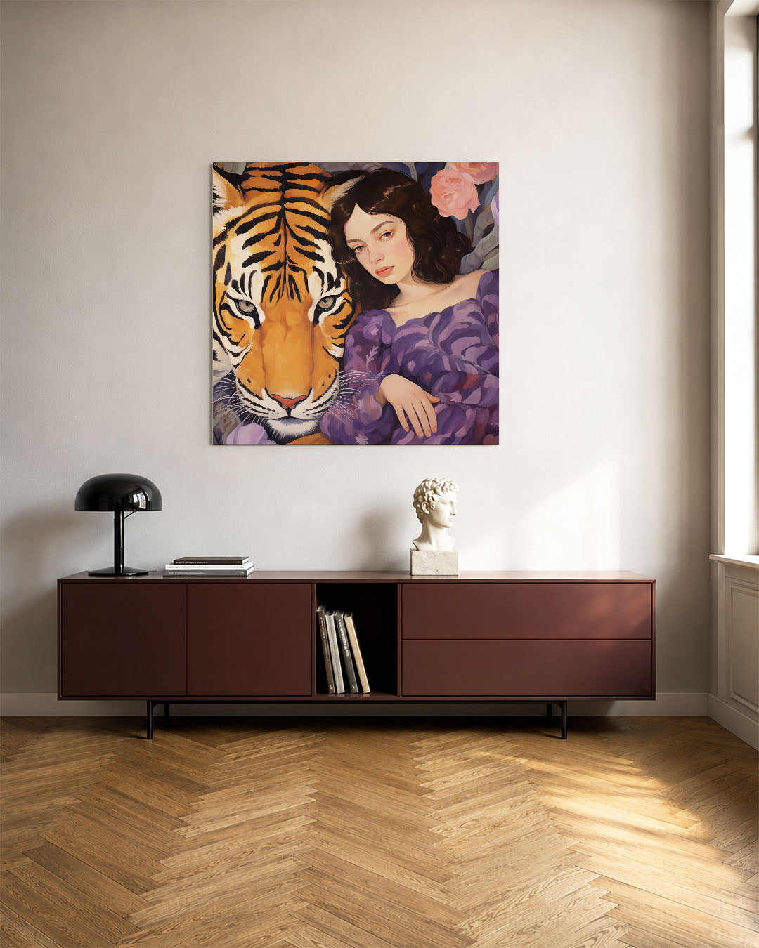 Dromerige tijger kunstwerk – tweede productweergave – dit kunstwerk toont een vrouw naast een tijger, omgeven door bloemen.