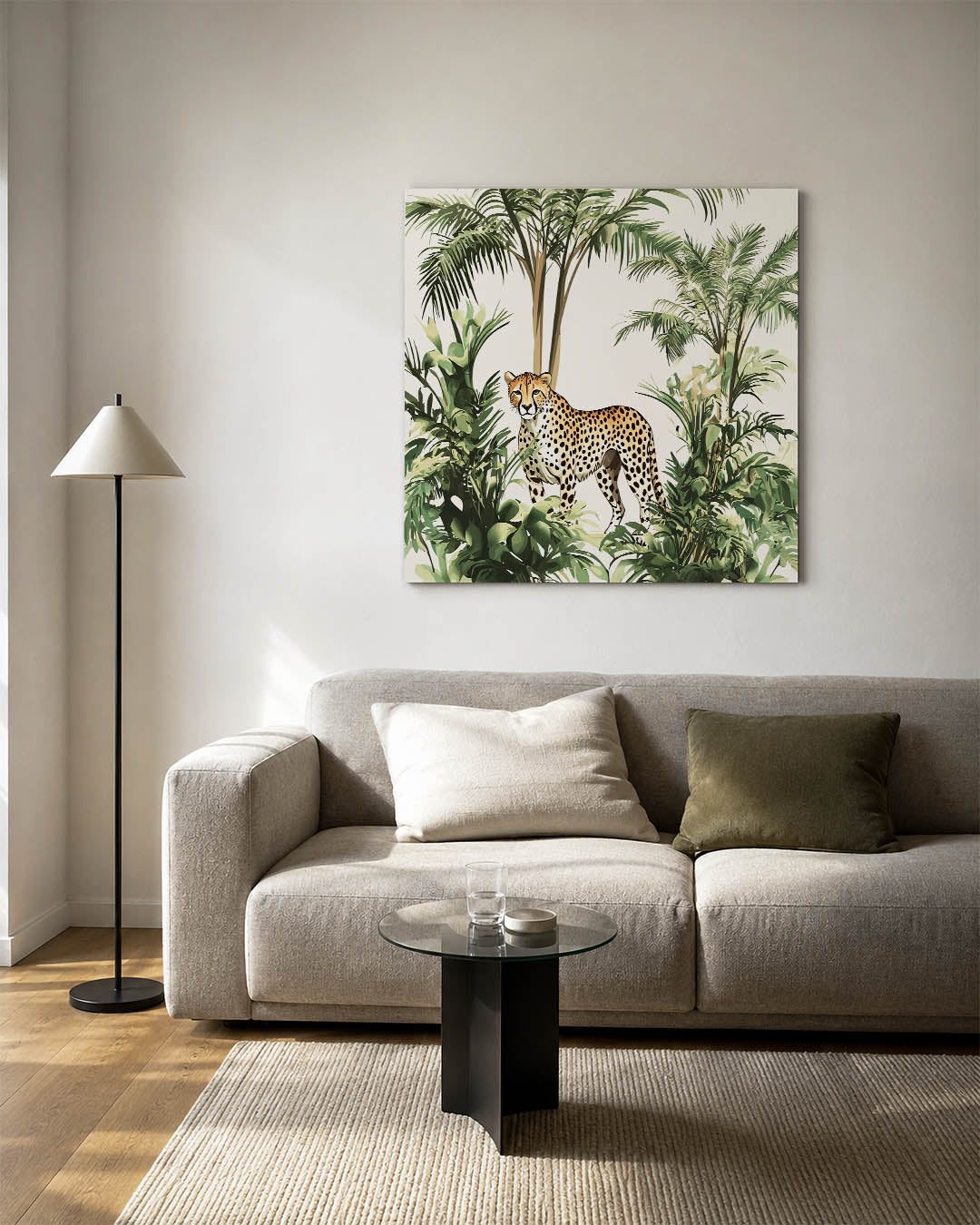 Jungle scène kunstwerk – detailweergave – dit kunstwerk toont een sierlijke cheetah omringd door weelderige groene bladeren