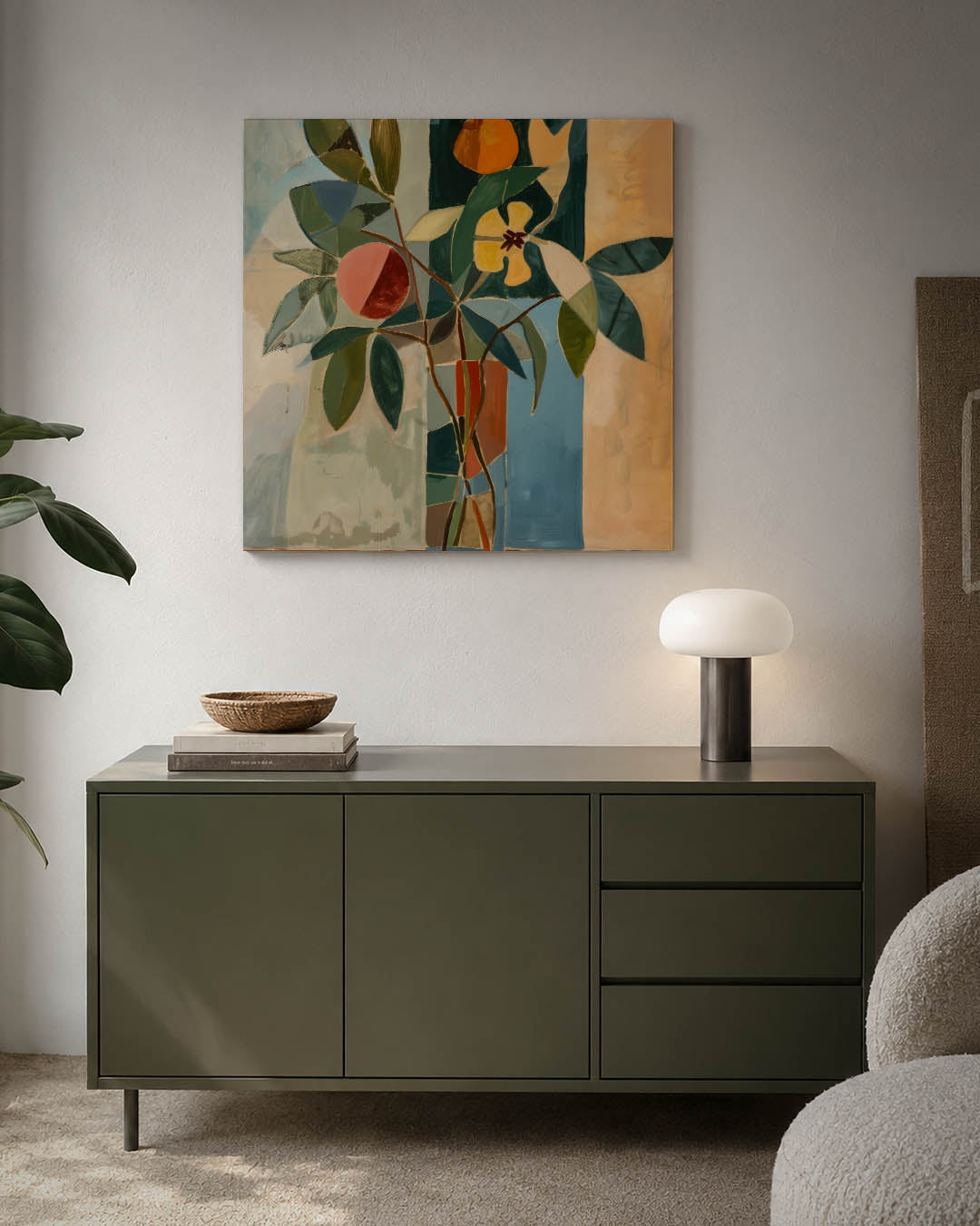 Geometrische bloemvormen kunstwerk – detailweergave – dit werk toont een compositie van geometrische vormen en bloemmotieven.