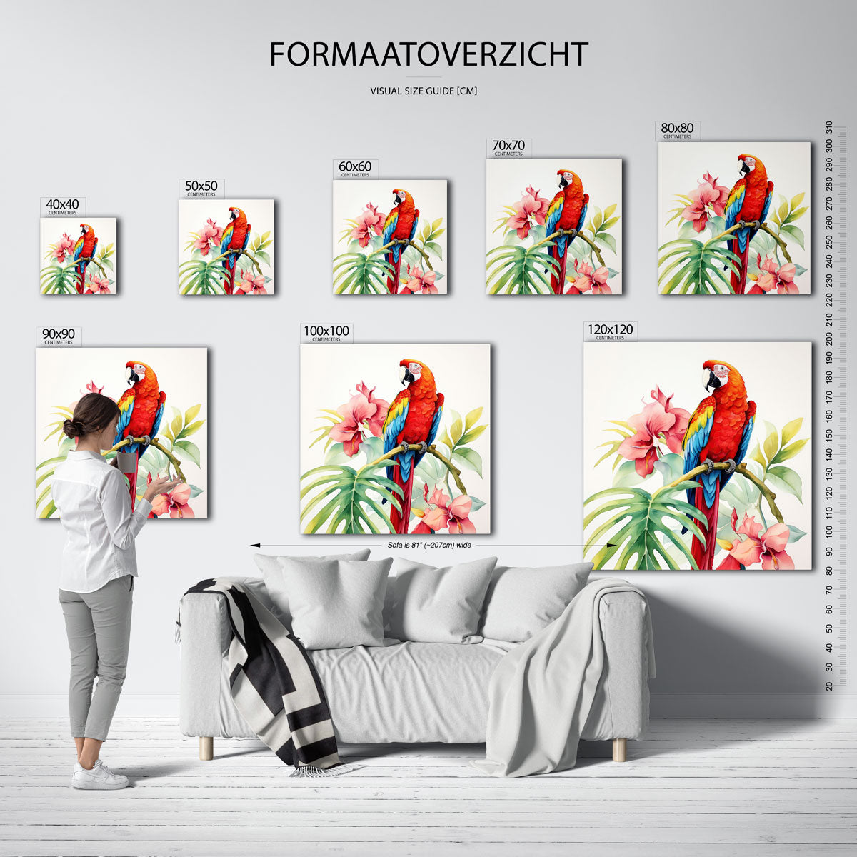 Papegaai en bloemen – vierkante jungle wanddecoratie van WallArtistic