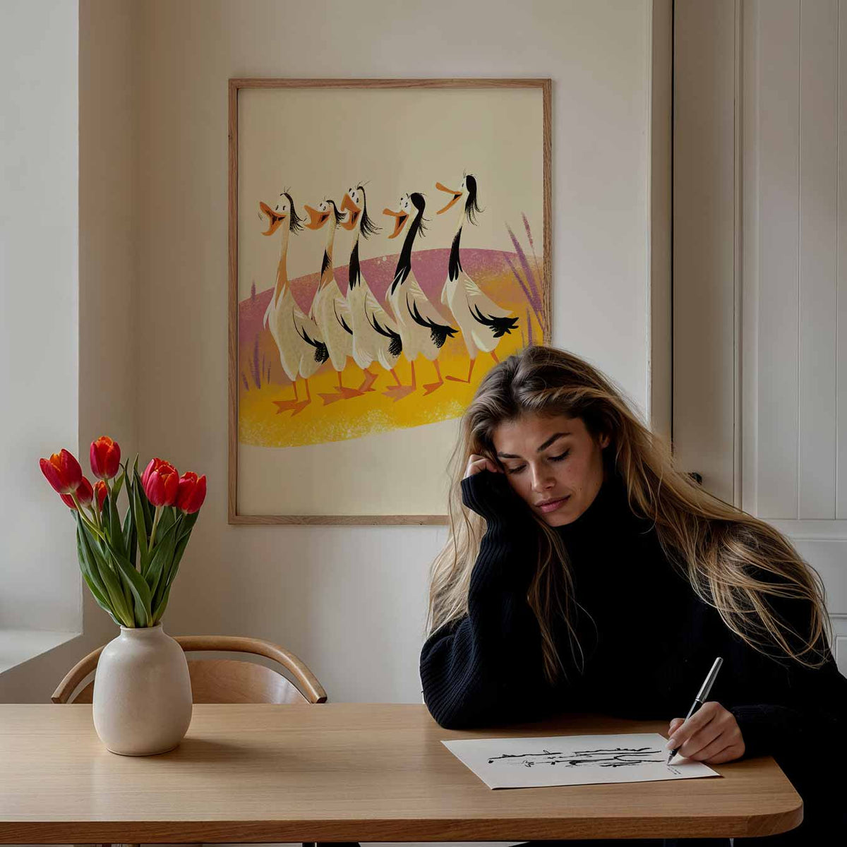 Speelse Eendendans – staande dieren wanddecoratie van WallArtistic