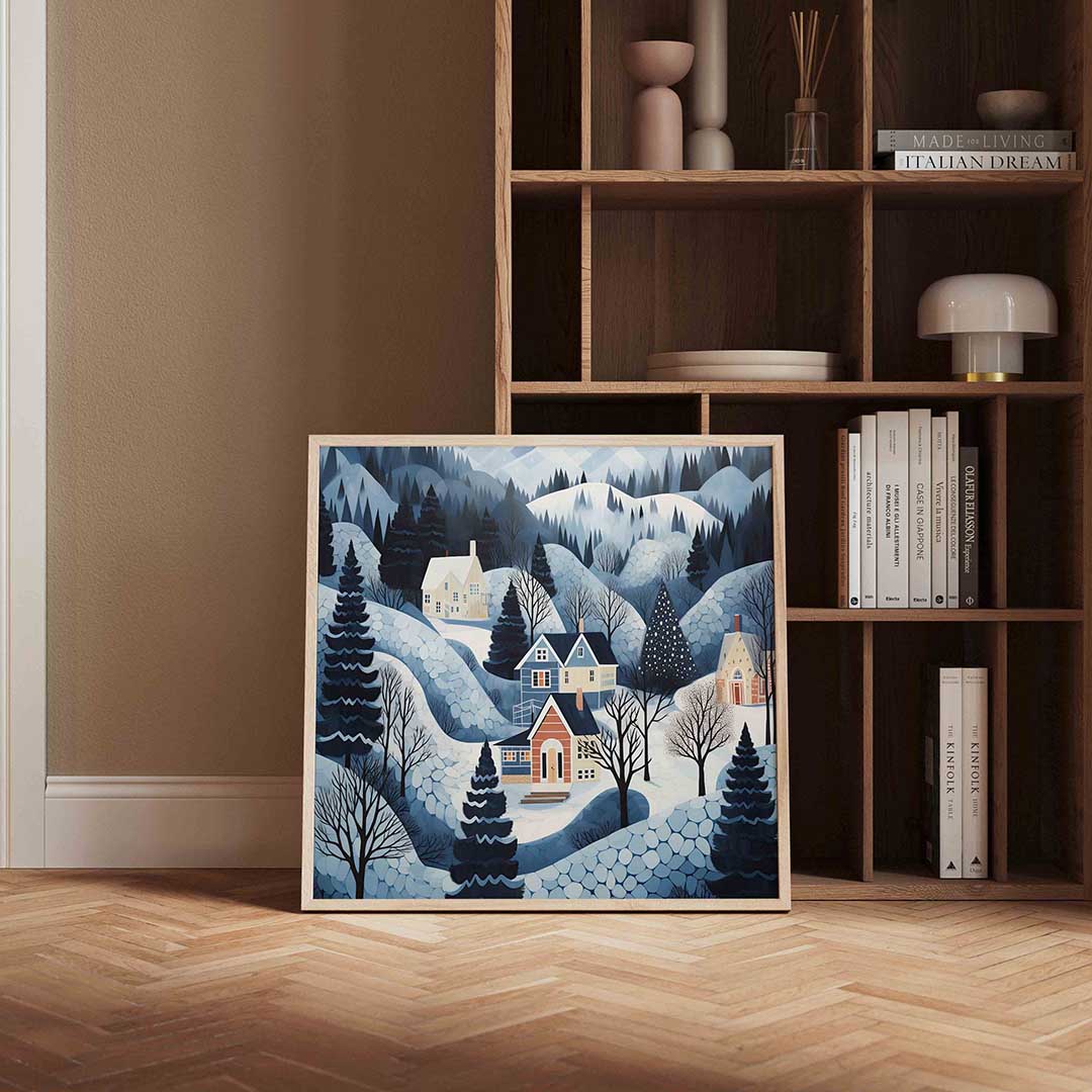 Winterlandschap met huizen – kerstposter in vierkant formaat