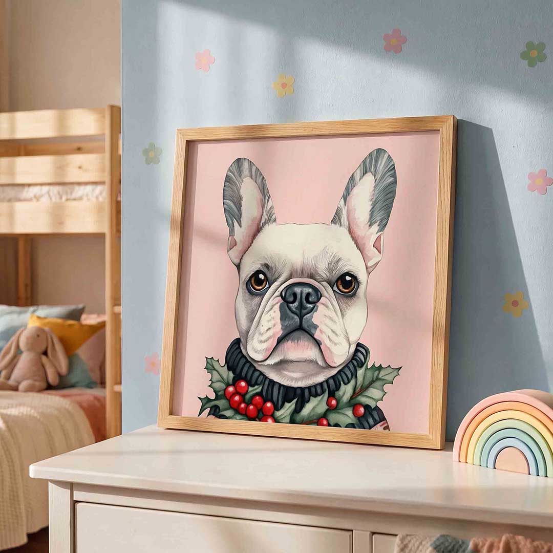 Franse bulldog met hulst – speelse wandkunst als vierkante kinderposter