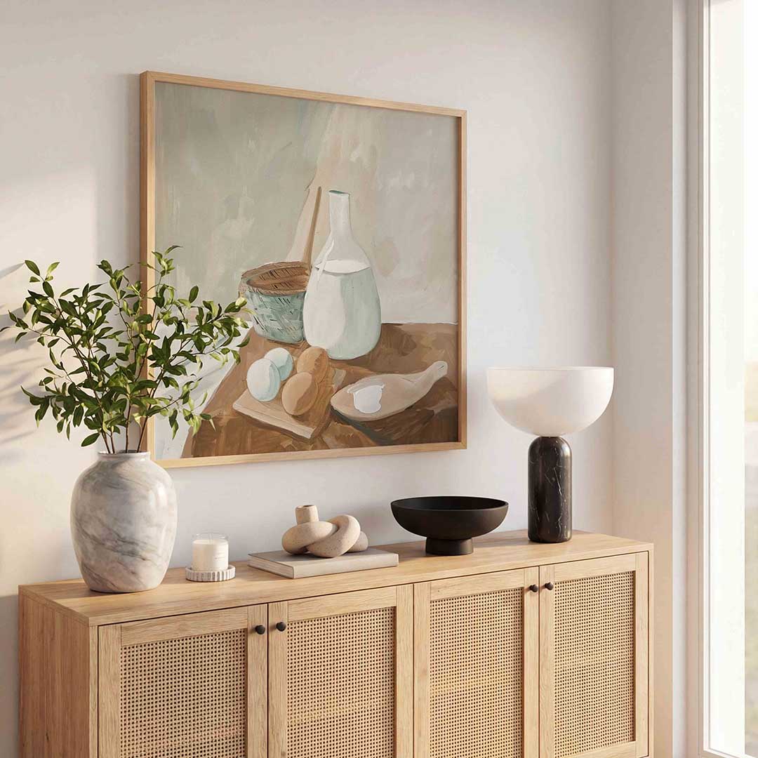 Stilleven met eieren en melk – kunst en design poster in vierkant formaat