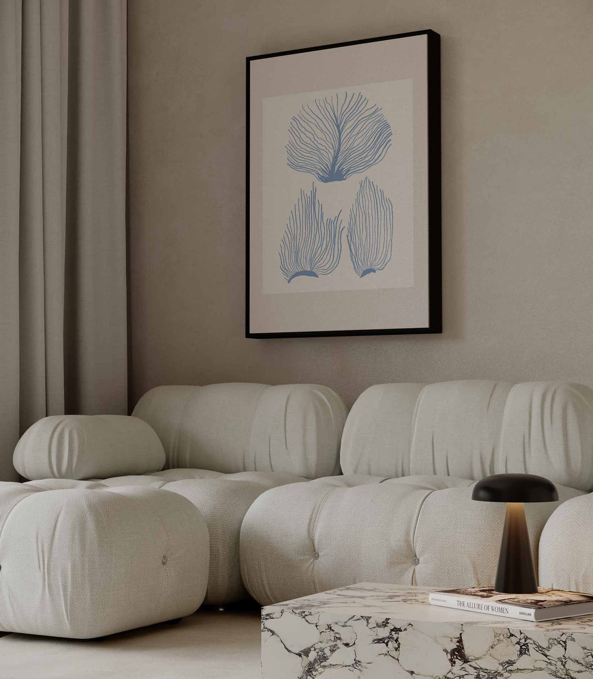 Abstracte Blauwe Kooraalprint – staande wandkunst voor woonkamer of interieur