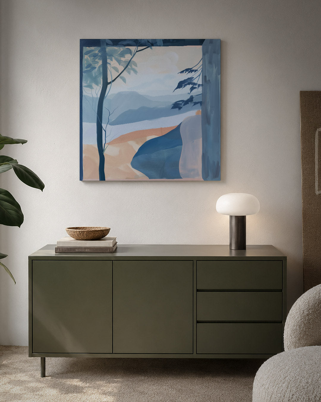 Landschap met blauwtinten kunstwerk – detailweergave – dit werk toont een serene compositie van vloeiende lijnen en zachte