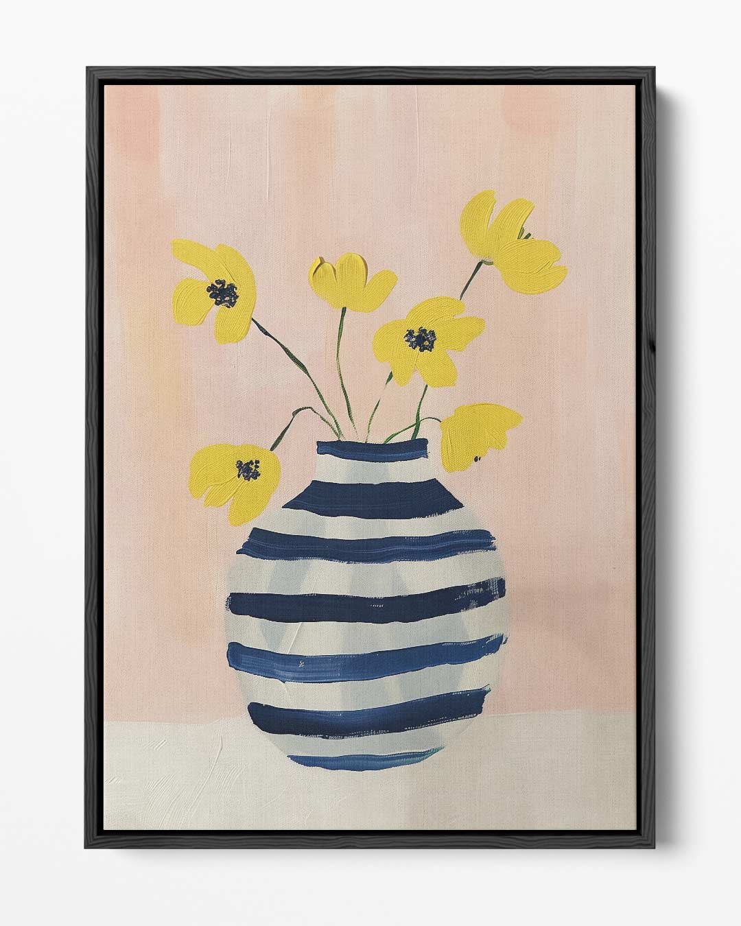 Zonnige Bloemen in Gestreepte Vaas – portret kunstwerk als wanddecoratie