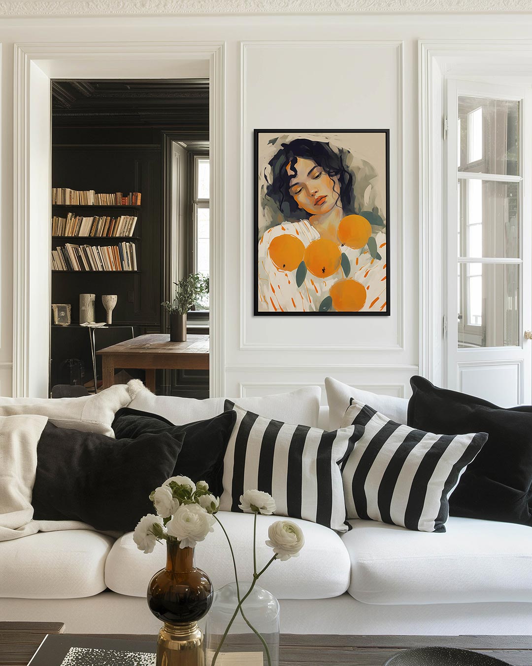 Dromerige vrouw en sinaasappels – decoratief kunstwerk voor aan de muur