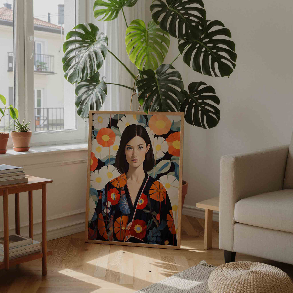 Vrouw met bloemenachtergrond – staande botanische wanddecoratie van WallArtistic