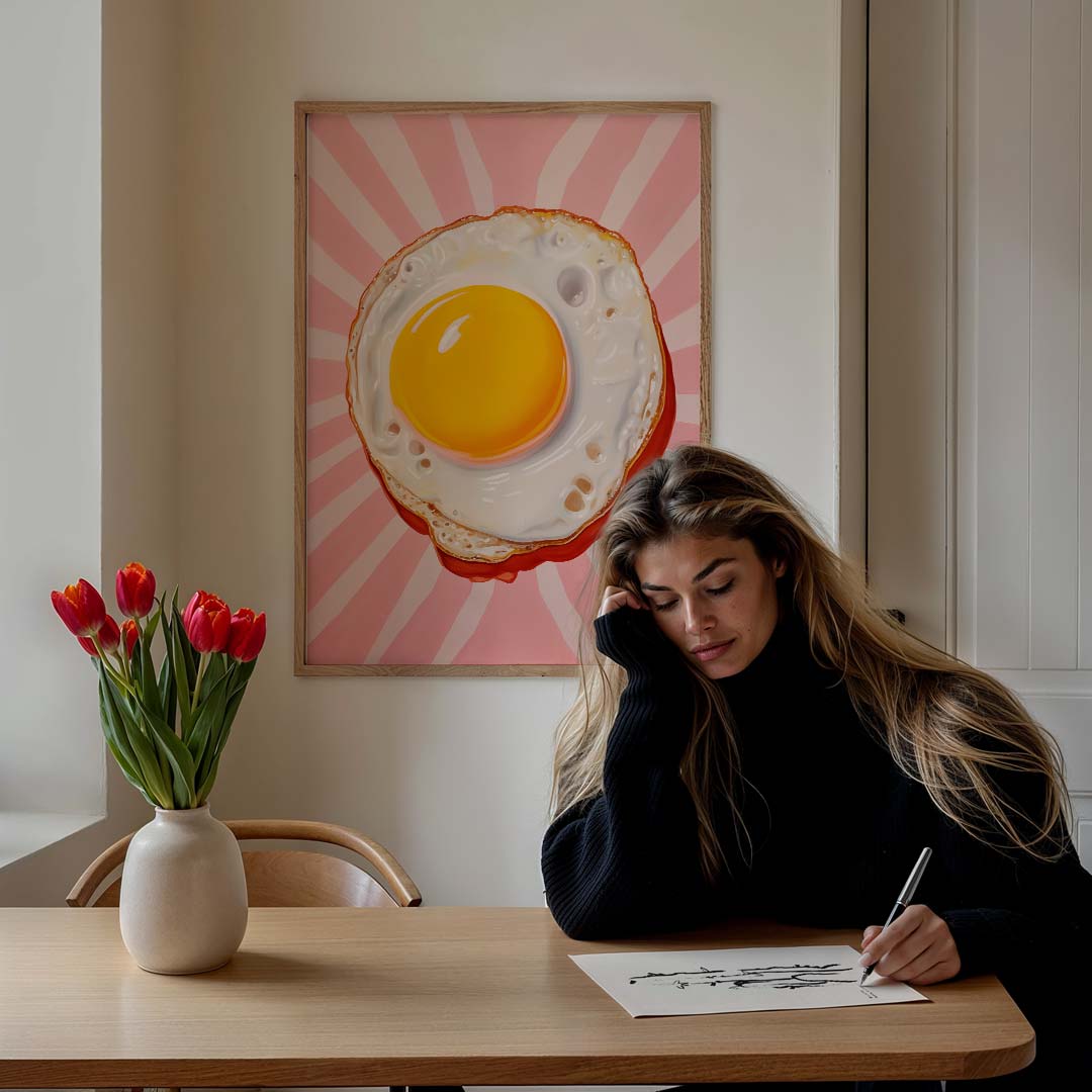 Speelse Gebakken Ei – culinaire wandkunst als portret poster