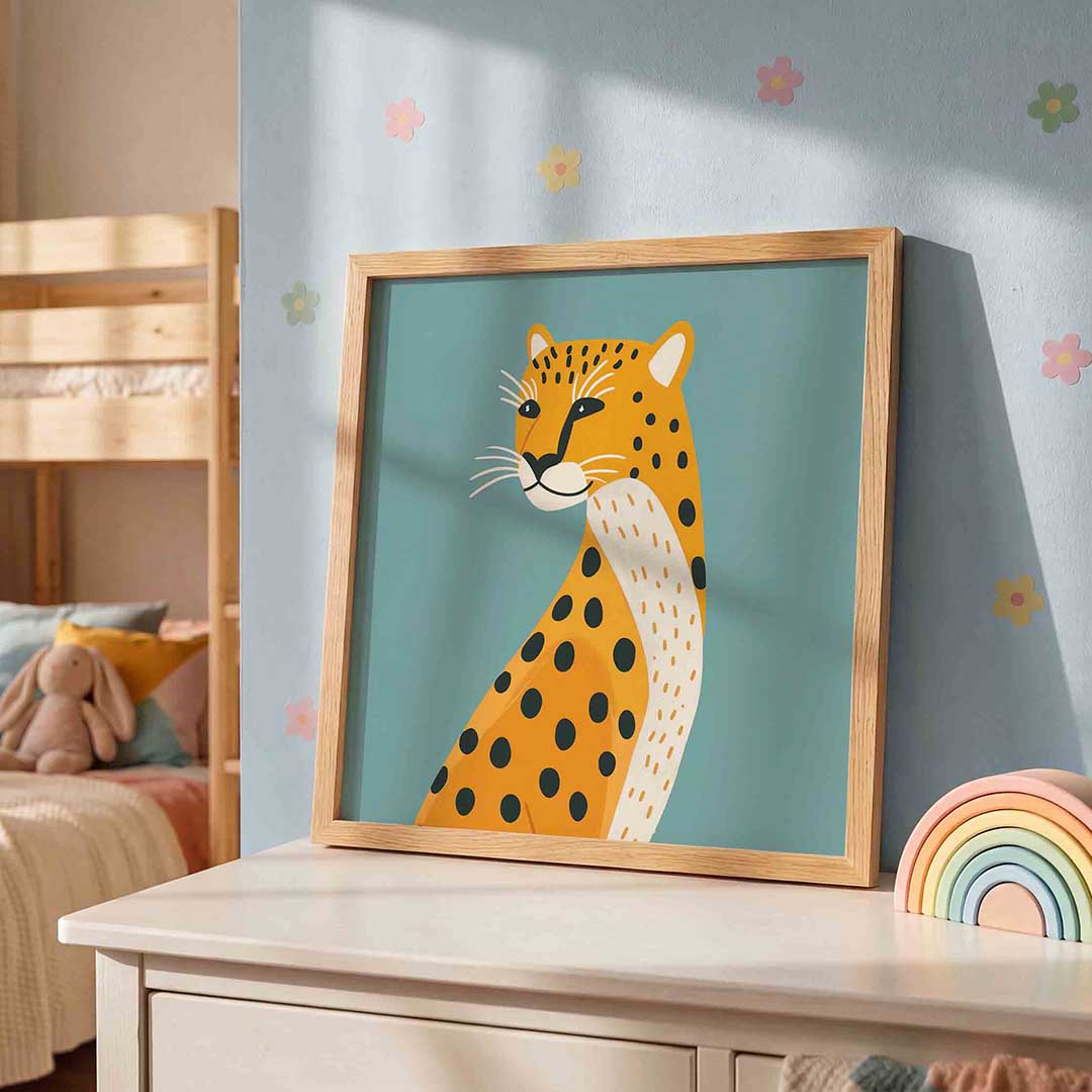 Luipaard illustratie – speelse wandkunst als vierkante kinderposter
