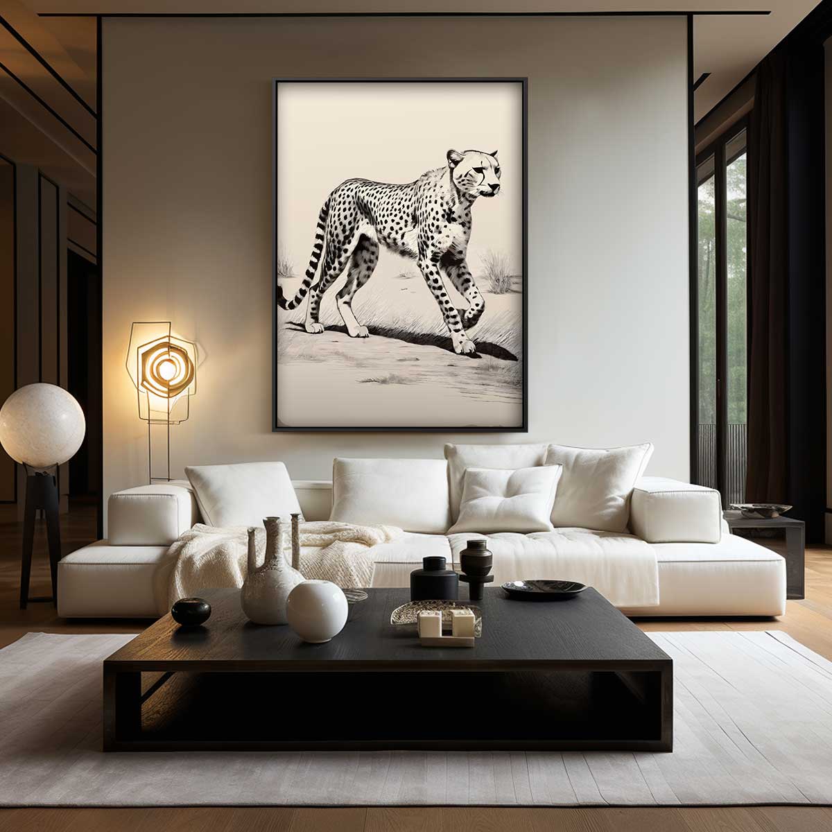 Majestueuze Cheetah op Savanne – kunstwerk met zwarte baklijst