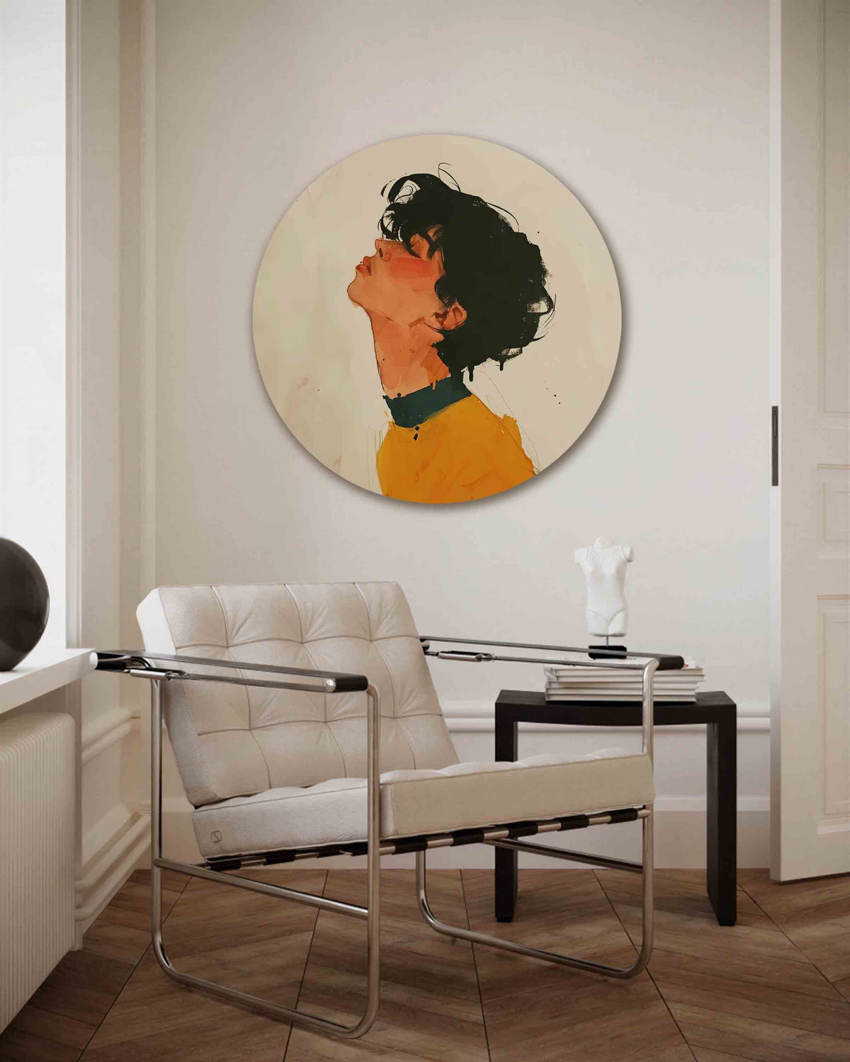 Portret met oranje en zwart – kleurrijke muurcirkel als ronde wanddecoratie