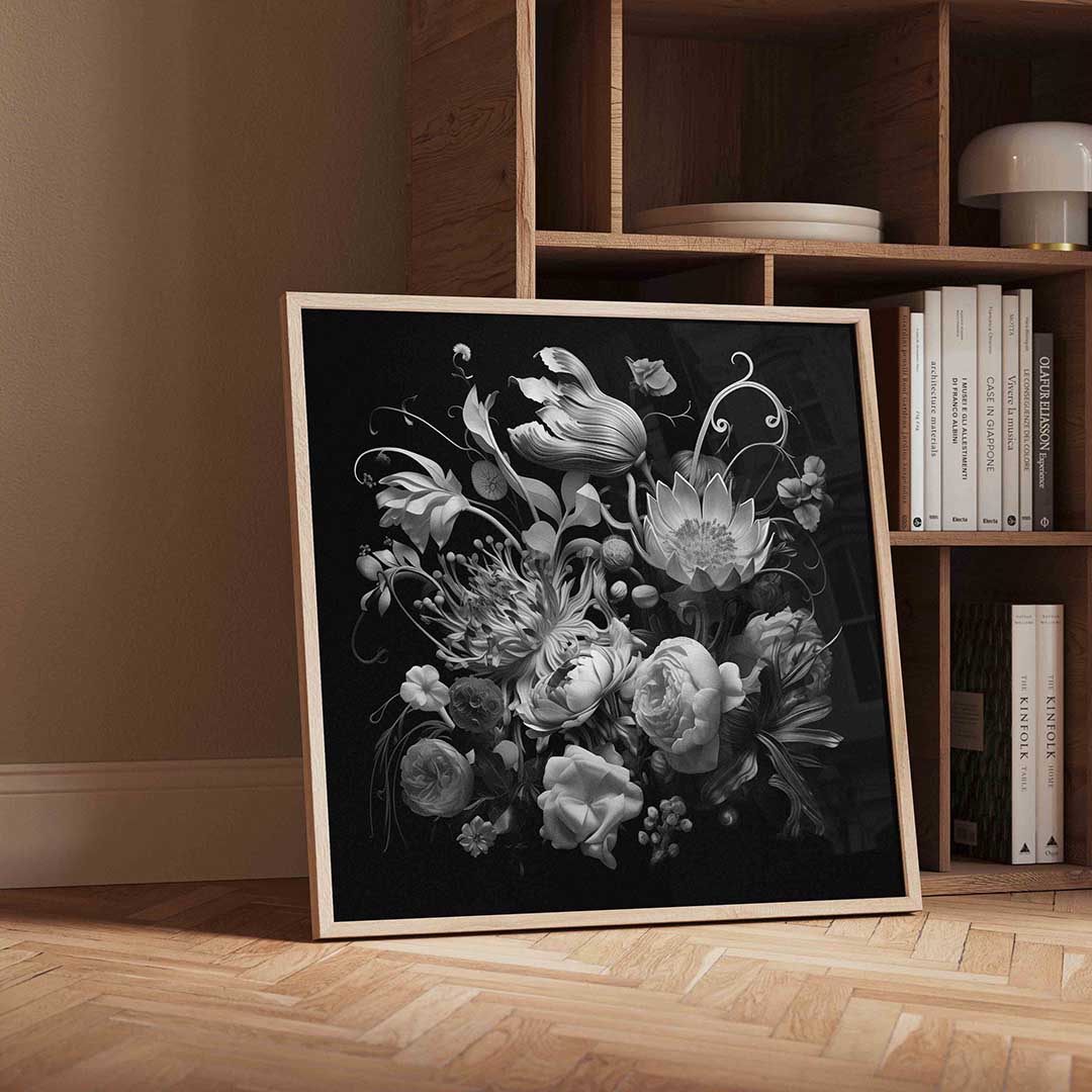 Bloemen in zwart wit – moderne wandkunst met kleur en vormen als poster