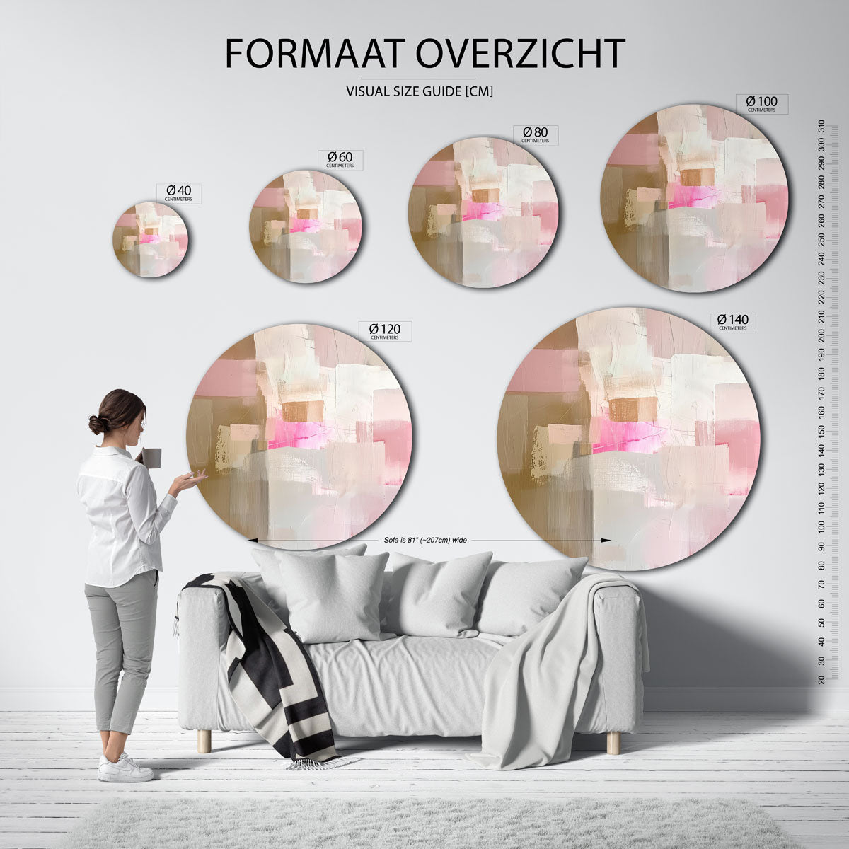 Abstracte roze en beige – kleurrijke wandkunst als muurcirkel