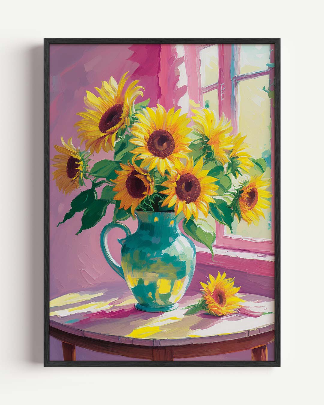 Zonnige Zonnebloemen in Vaasje – bloemen portret poster als wanddecoratie