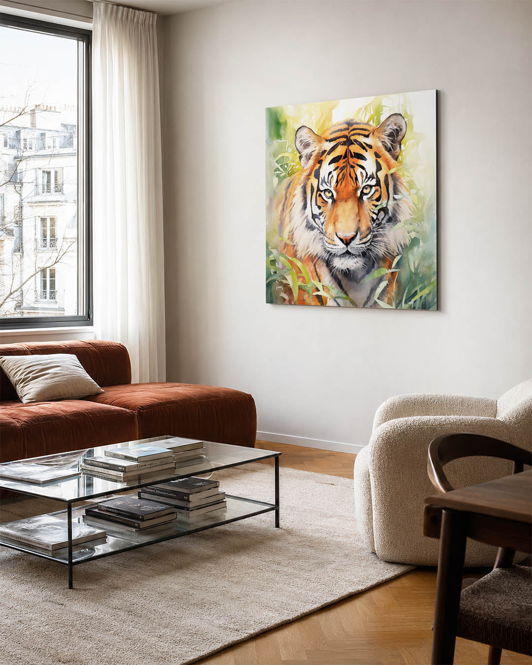 Tijger in jungle kunstwerk – vierkante wanddecoratie – dit werk toont een tijger te midden van groene bladeren. De levendige