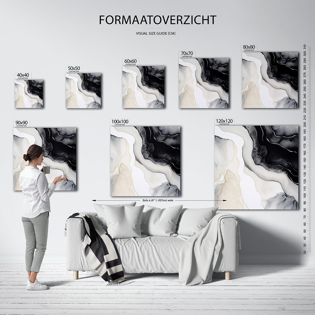 Organische lijnen kunstwerk – materiaalweergave – dit kunstwerk toont vloeiende, organische lijnen in zwart-wit en beige