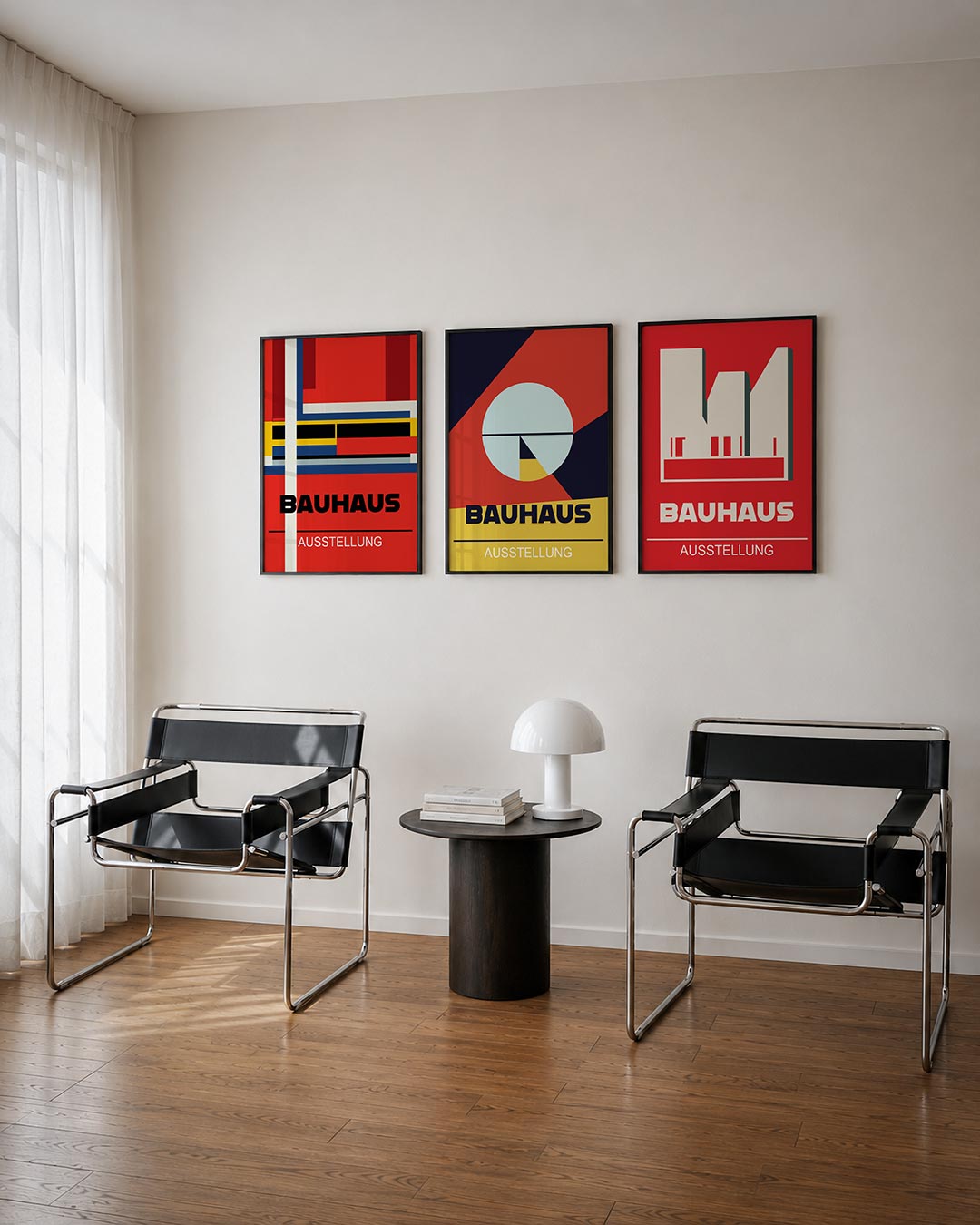 Kleurvlakken en lijnen driedelige posterset – deze posterset in drie delen toont een levendige mix van rode, gele en blauwe