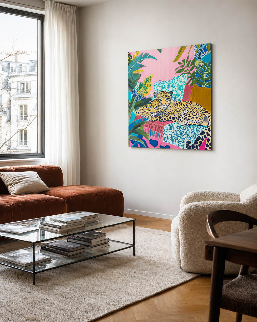 Exotische dierenwereld kunstwerk – vierkante wanddecoratie – dit kunstwerk toont twee luipaarden te midden van een kleurrijke