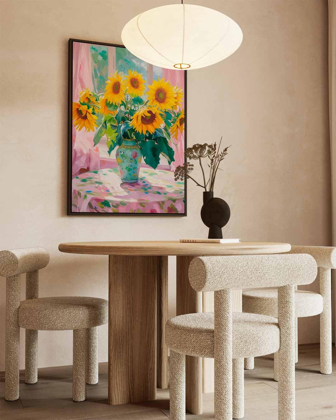 Zonnige Zonnebloemen in Vensterlicht – dibond wanddecoratie in staand formaat