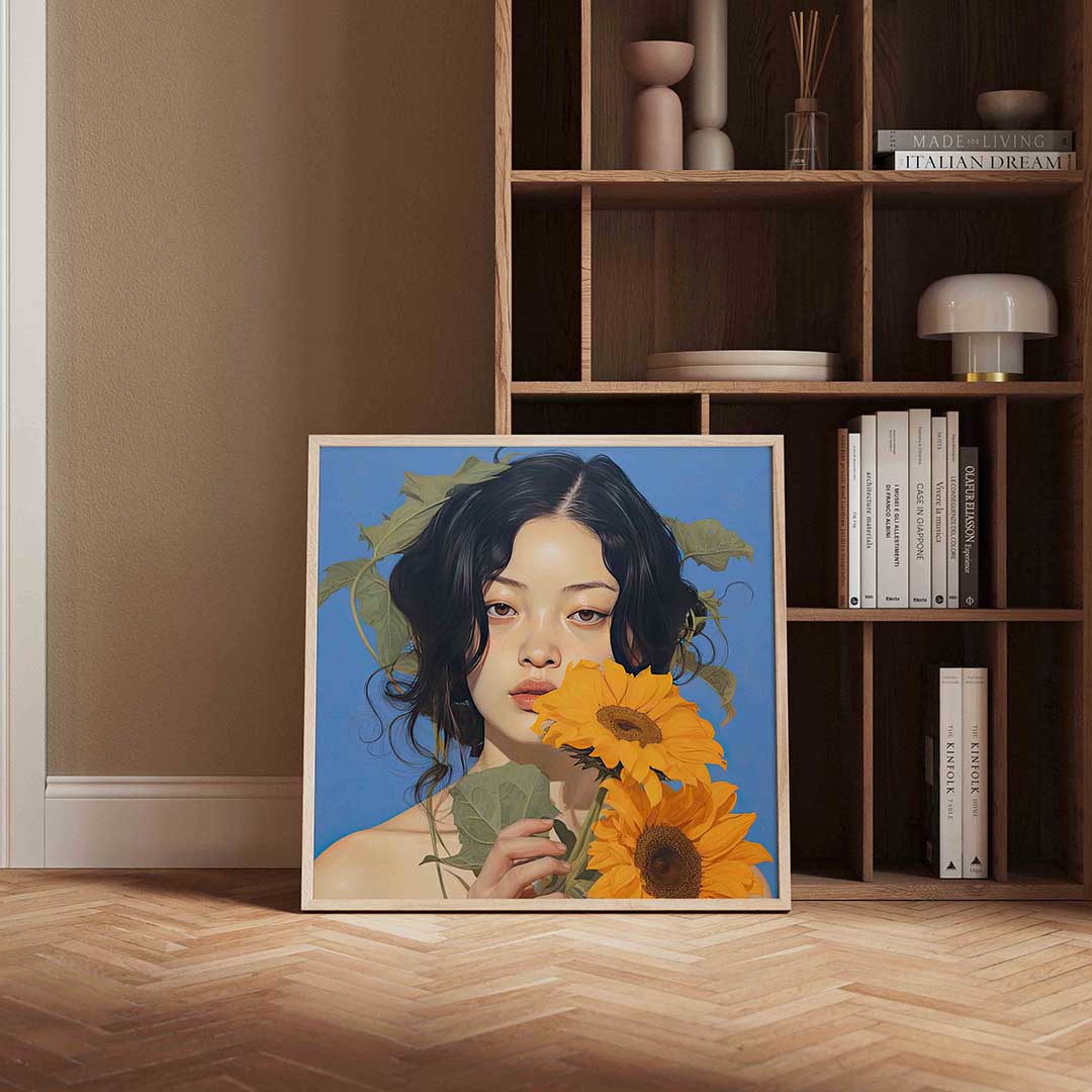 Vrouw met zonnebloemen – kleurrijke vierkante wanddecoratie van WallArtistic