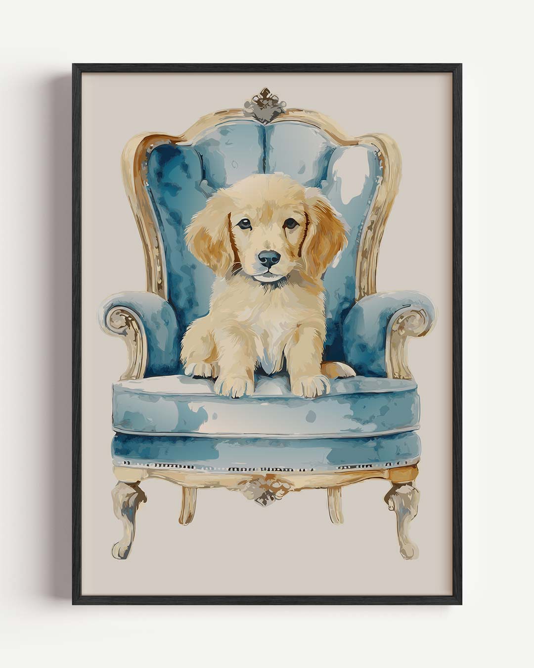 Puppy op Blauwe Troon – kids portret poster als wanddecoratie