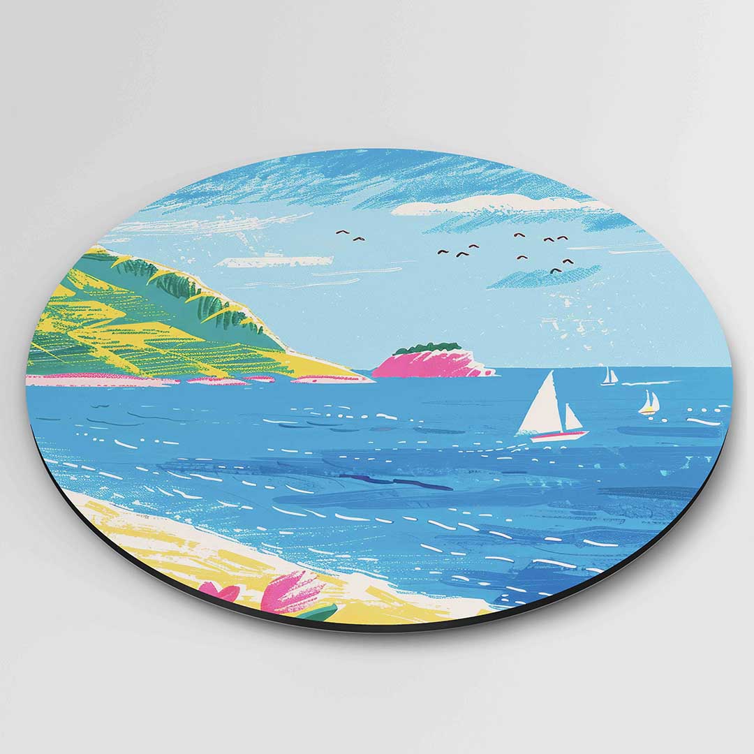 Zomerse zeilboot – ronde textuur wanddecoratie van WallArtistic