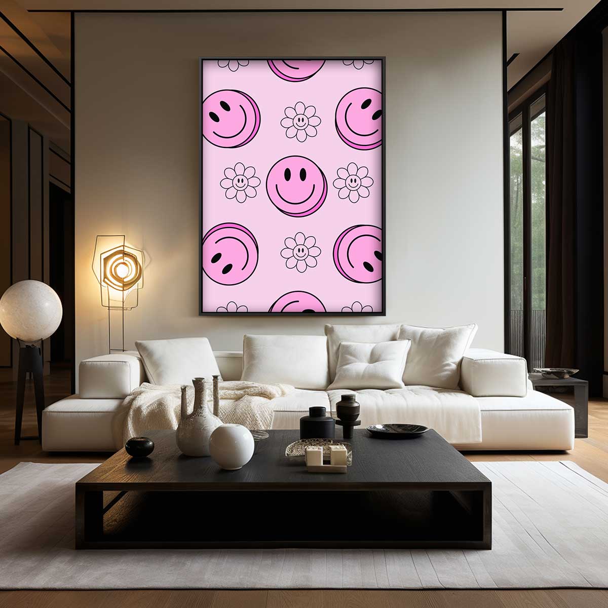 Vrolijke Smiley Bloemen Print – modern portret kunstwerk van WallArtistic