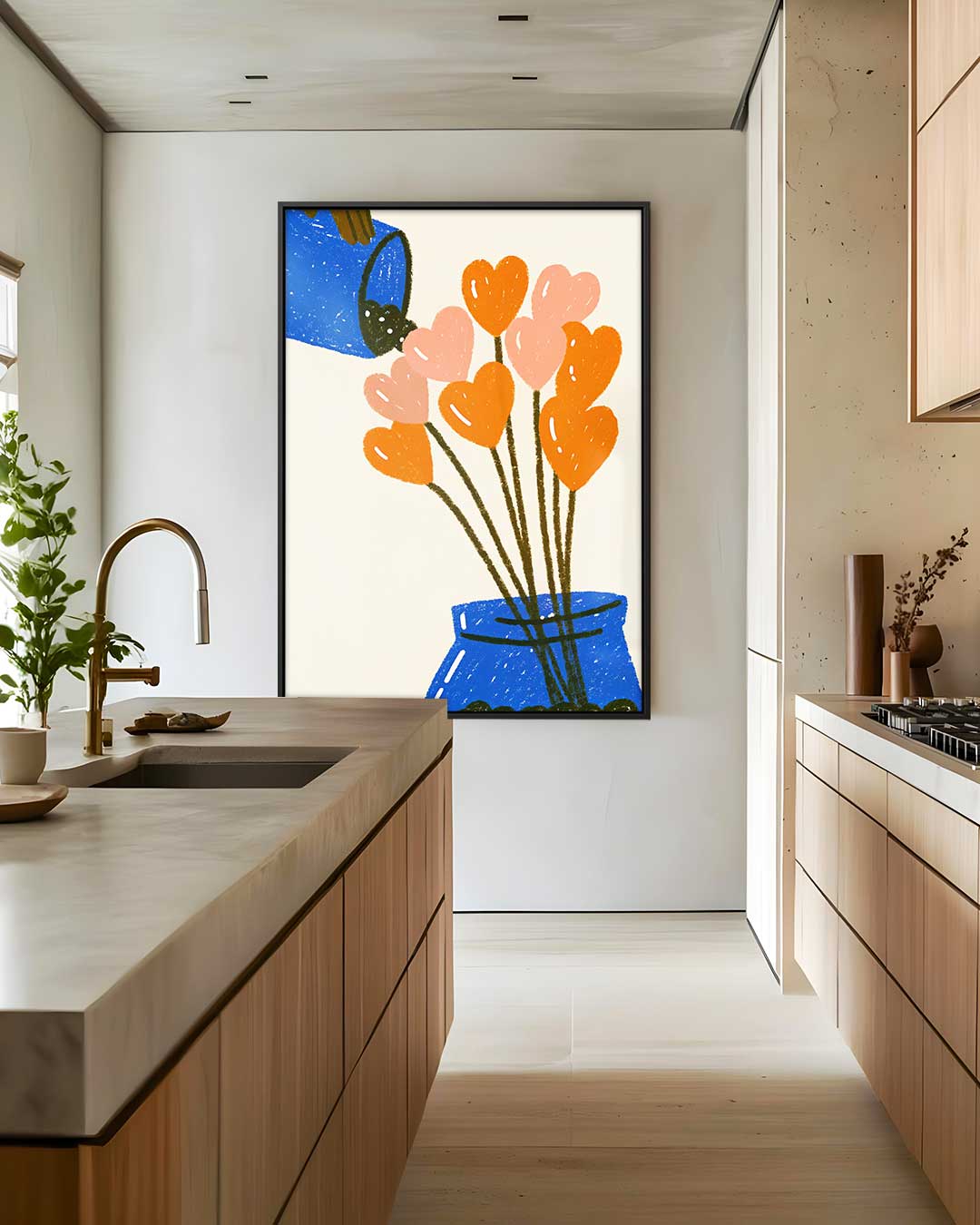 Bloemenhartjes in Blauwe Vaas – dibond wanddecoratie in staand formaat