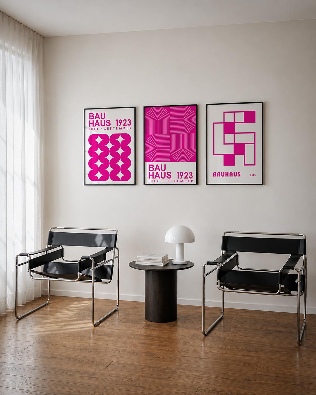Vorm en ritme posterset – tweede productweergave – deze posterset in drie delen toont een levendig spel van roze vormen en