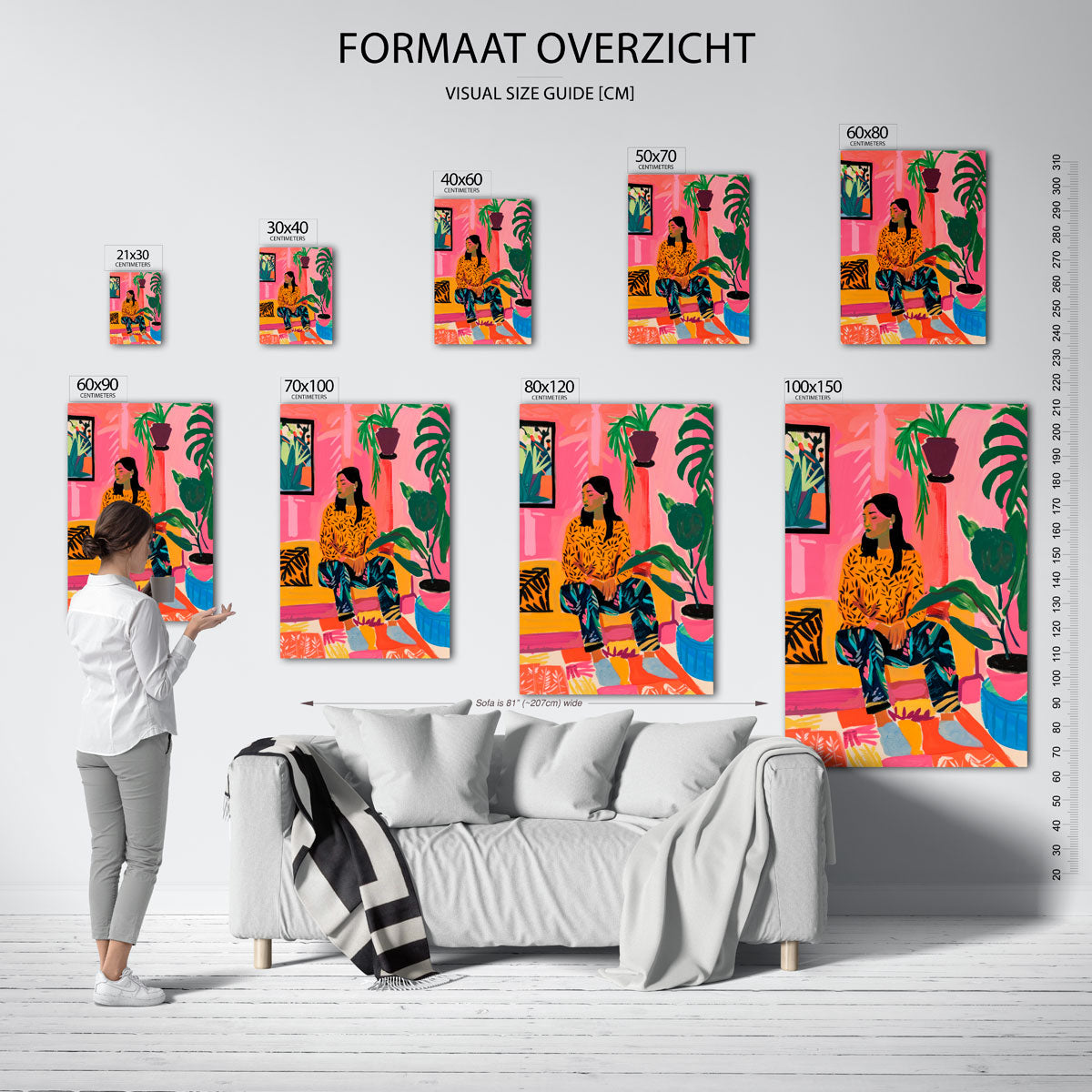 Vrouw met planten – staande muurposter met kleurrijke illustratie
