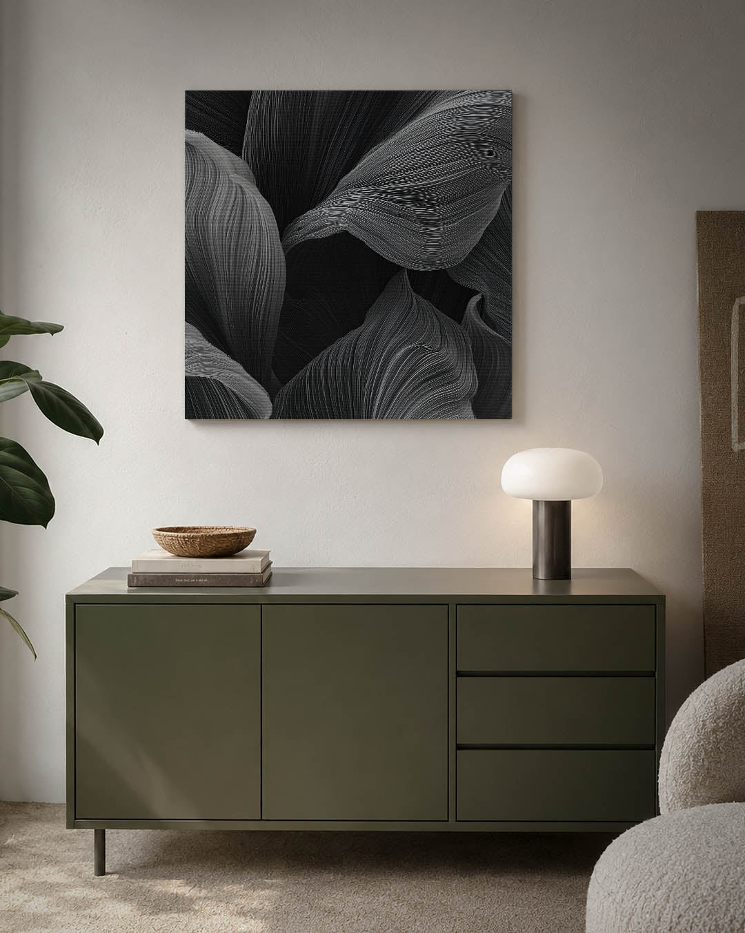 Golvende lijnen kunstwerk – detailweergave – dit werk toont vloeiende, golvende lijnen in zwart-wit, die een dynamisch en
