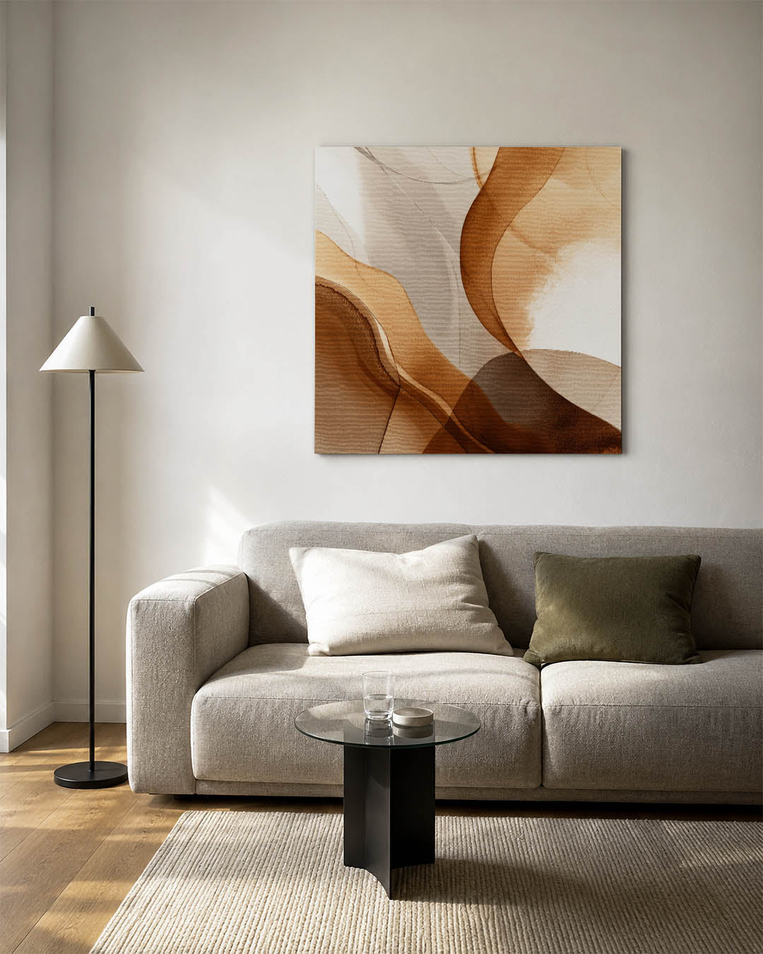 Organische vormen kunstwerk – vierkante wanddecoratie – dit werk toont vloeiende lijnen en zachte overgangen in warme tinten.
