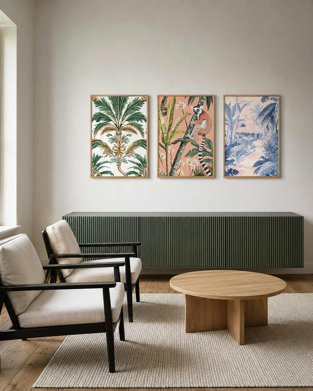 Tropische bladpatronen posterset – tweede productweergave – deze posterset in drie delen toont weelderige groene