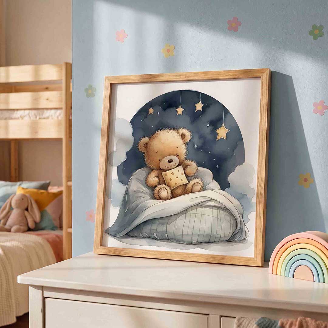 Slapende beer – speelse wandkunst als vierkante kinderposter
