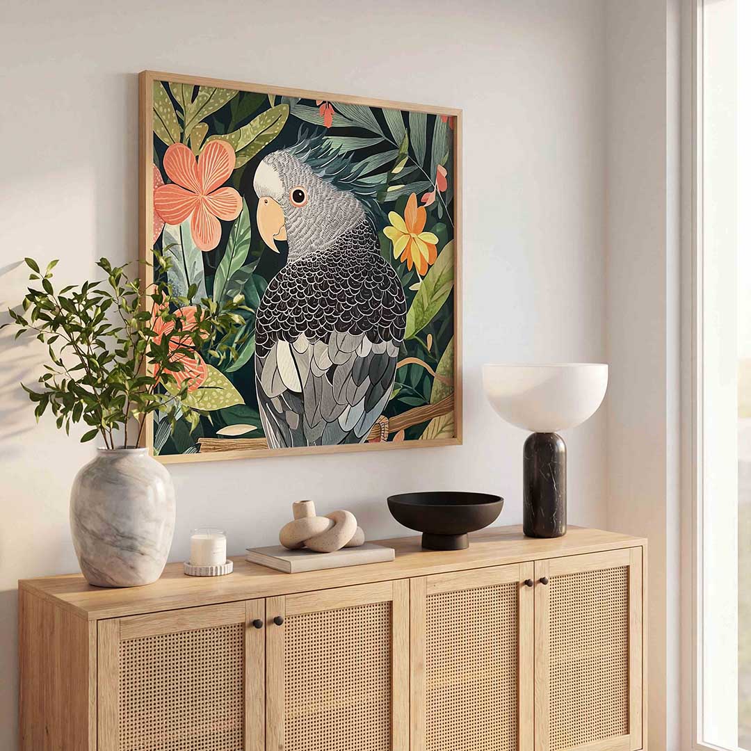 Papegaai en bloemen – tropische poster in vierkant formaat