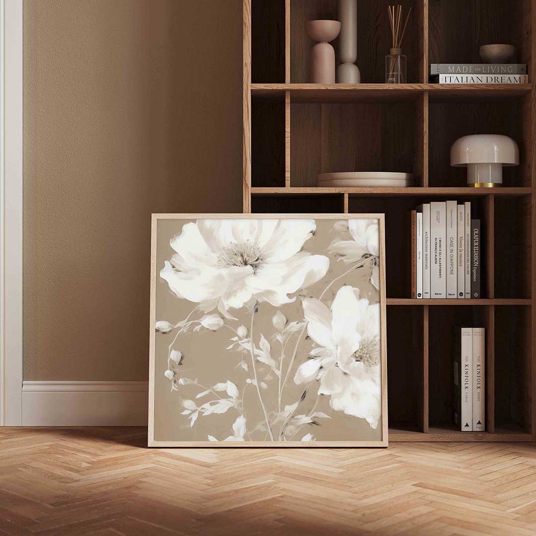 Bloemen op beige – vierkante vintage wanddecoratie van WallArtistic